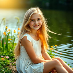A beautiful blonde girl with a radiant smile, sitting elegantly by a serene lake, surrounded by lush greenery