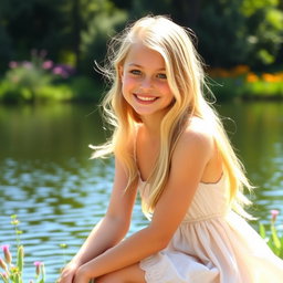 A beautiful blonde girl with a radiant smile, sitting elegantly by a serene lake, surrounded by lush greenery