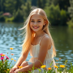 A beautiful blonde girl with a radiant smile, sitting elegantly by a serene lake, surrounded by lush greenery