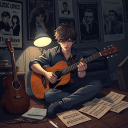 A visually striking illustration of a heartbroken musician in a dimly lit room, surrounded by vintage musical instruments
