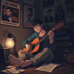 A visually striking illustration of a heartbroken musician in a dimly lit room, surrounded by vintage musical instruments