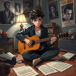A visually striking illustration of a heartbroken musician in a dimly lit room, surrounded by vintage musical instruments