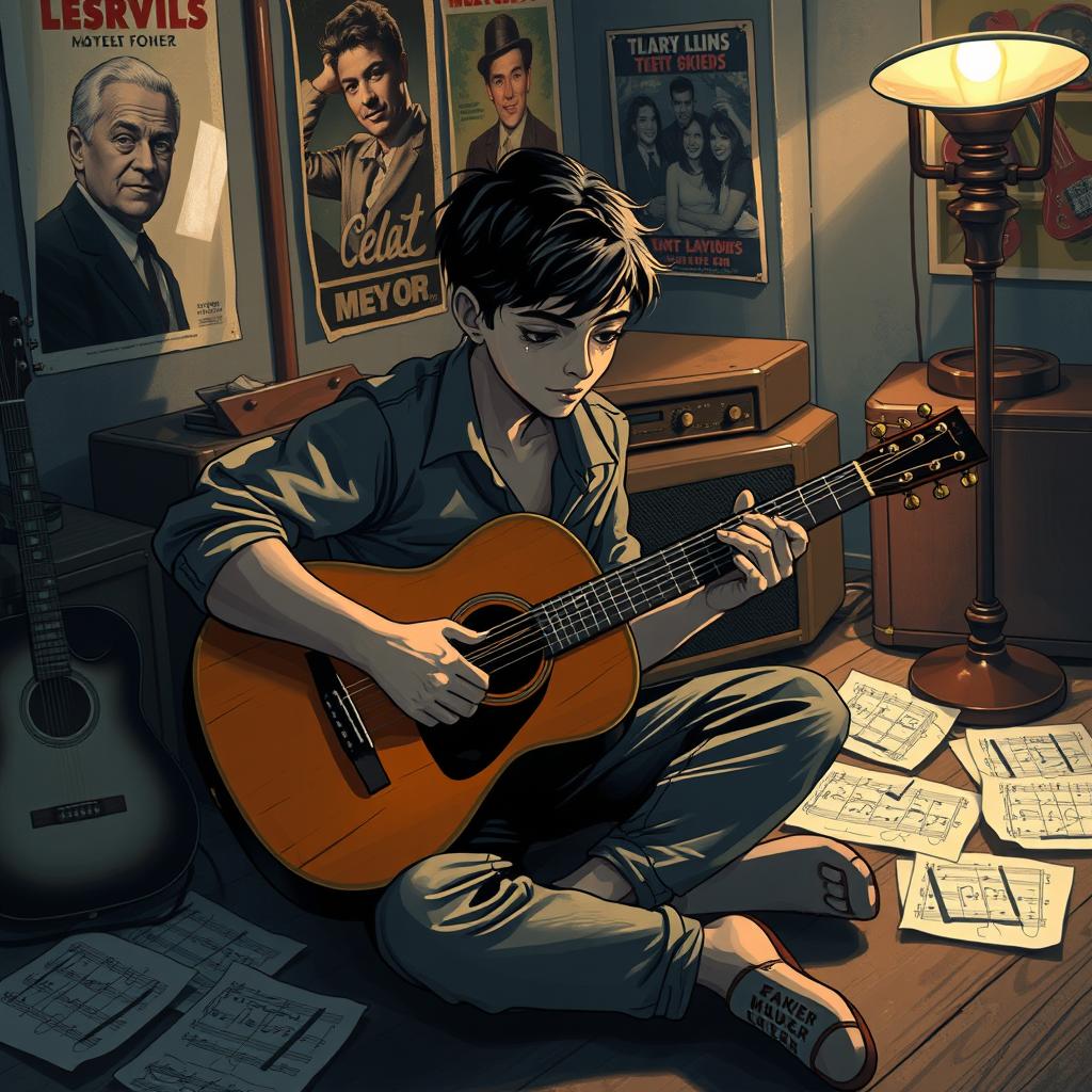 A visually striking illustration of a heartbroken musician in a dimly lit room, surrounded by vintage musical instruments