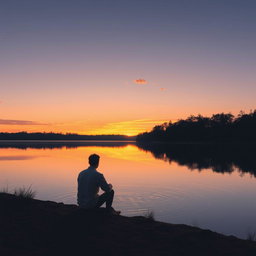 A serene and introspective scene depicting a solitary figure sitting by a calm lake during sunset