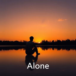 A serene and introspective scene depicting a solitary figure sitting by a calm lake during sunset