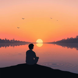 A serene and introspective scene depicting a solitary figure sitting by a calm lake during sunset