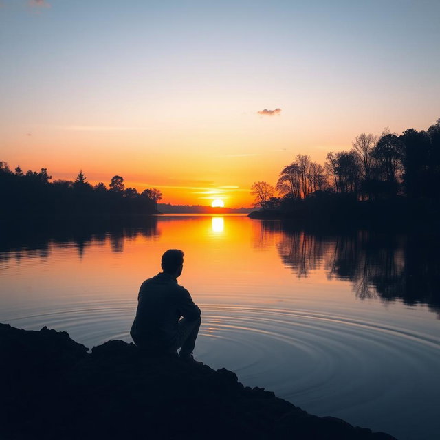 A serene and introspective scene depicting a solitary figure sitting by a calm lake during sunset