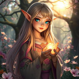 A stunning scene featuring a mystical eladrin girl with striking features, long flowing hair that changes color with the seasons, vibrant and colorful attire adorned with delicate floral patterns