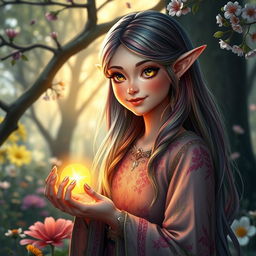 A stunning scene featuring a mystical eladrin girl with striking features, long flowing hair that changes color with the seasons, vibrant and colorful attire adorned with delicate floral patterns