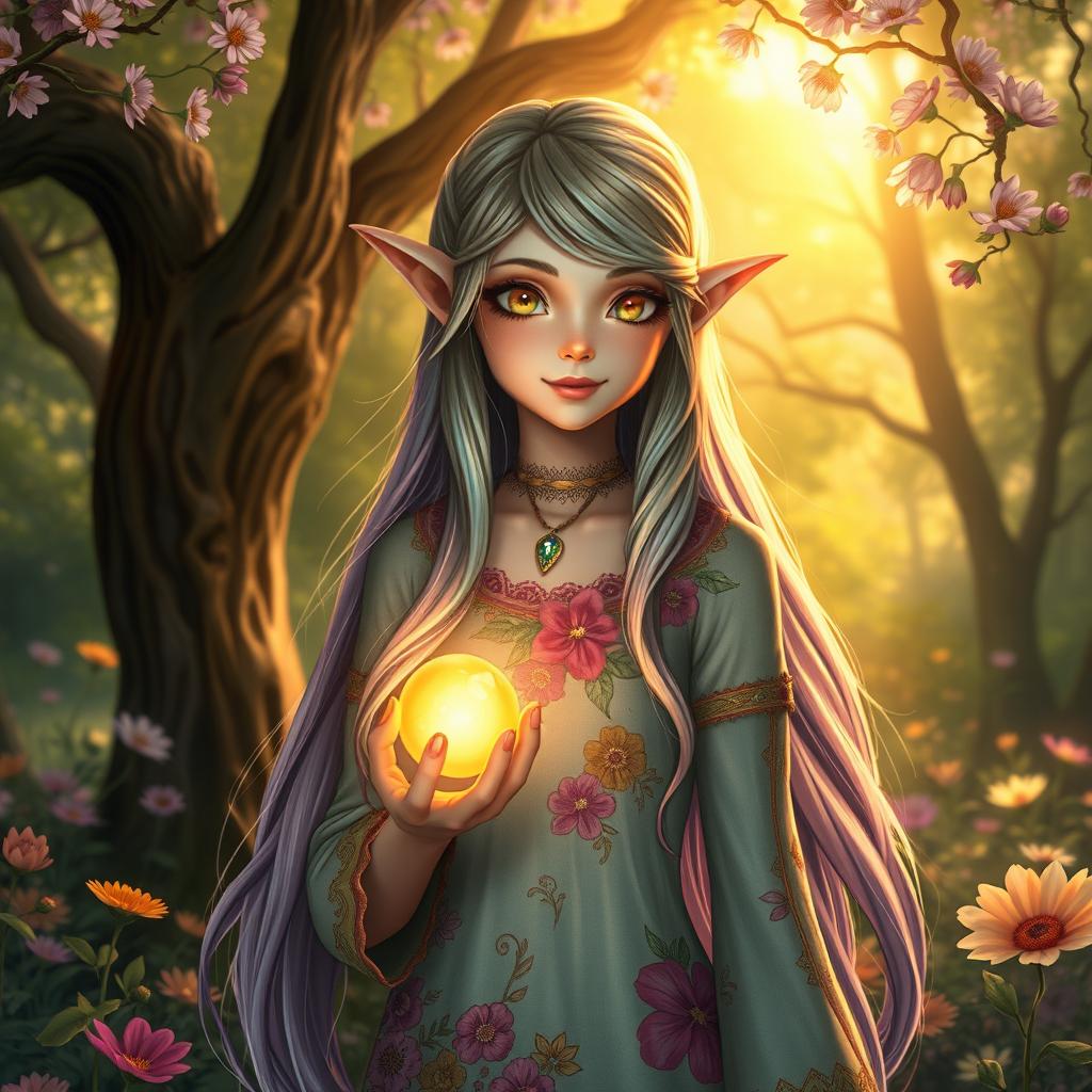 A stunning scene featuring a mystical eladrin girl with striking features, long flowing hair that changes color with the seasons, vibrant and colorful attire adorned with delicate floral patterns