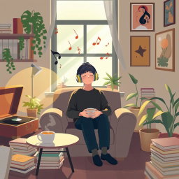 A solitary figure sitting comfortably in a cozy room, immersed in music