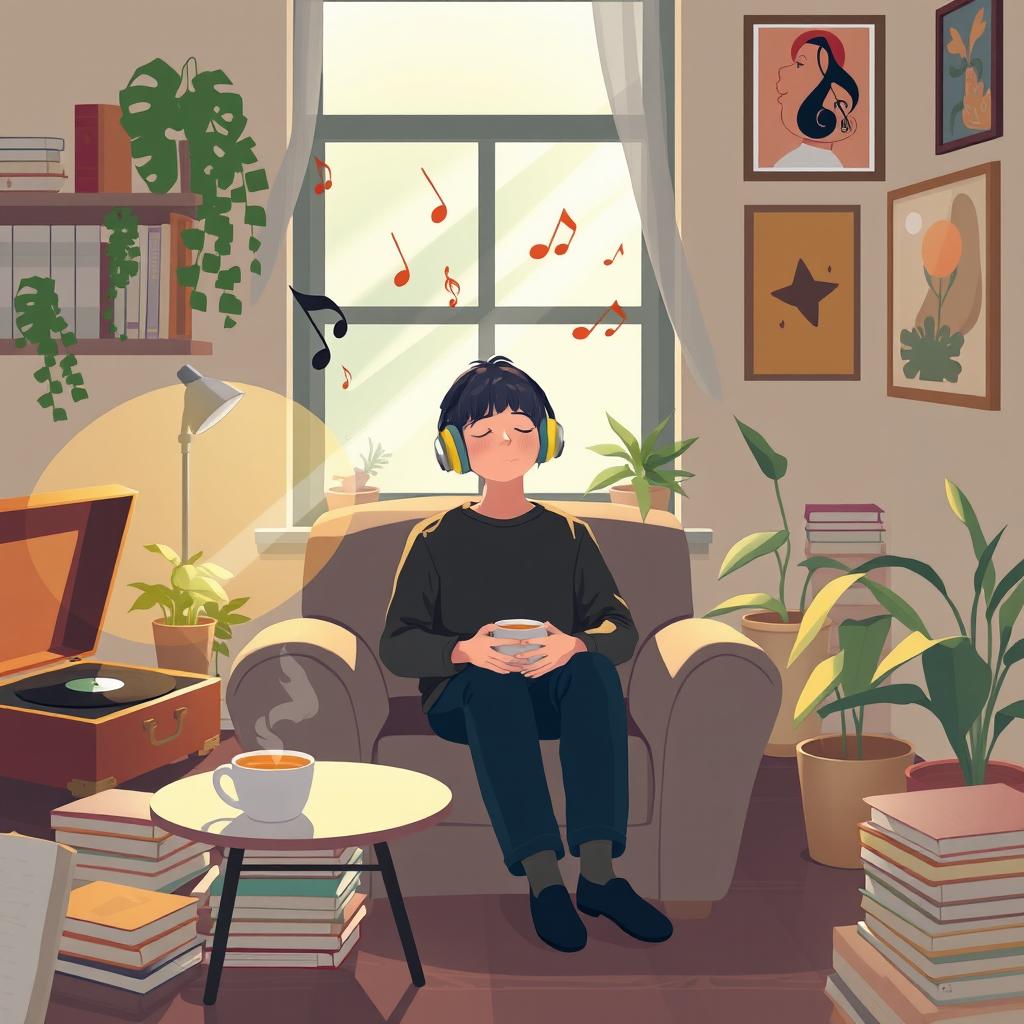 A solitary figure sitting comfortably in a cozy room, immersed in music
