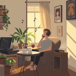 A solitary figure sitting comfortably in a cozy room, immersed in music