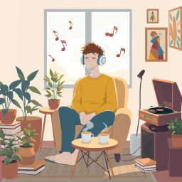 A solitary figure sitting comfortably in a cozy room, immersed in music