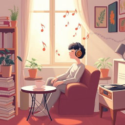 A solitary figure sitting comfortably in a cozy room, immersed in music