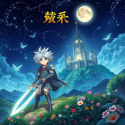 An enchanting anime book cover featuring a brave young hero holding a glowing sword, standing atop a hill under a starry night sky