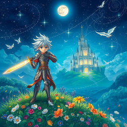 An enchanting anime book cover featuring a brave young hero holding a glowing sword, standing atop a hill under a starry night sky