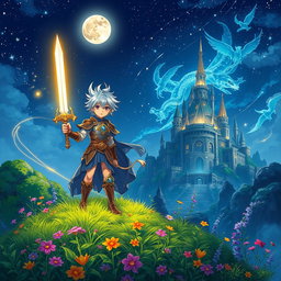 An enchanting anime book cover featuring a brave young hero holding a glowing sword, standing atop a hill under a starry night sky