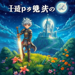 An enchanting anime book cover featuring a brave young hero holding a glowing sword, standing atop a hill under a starry night sky