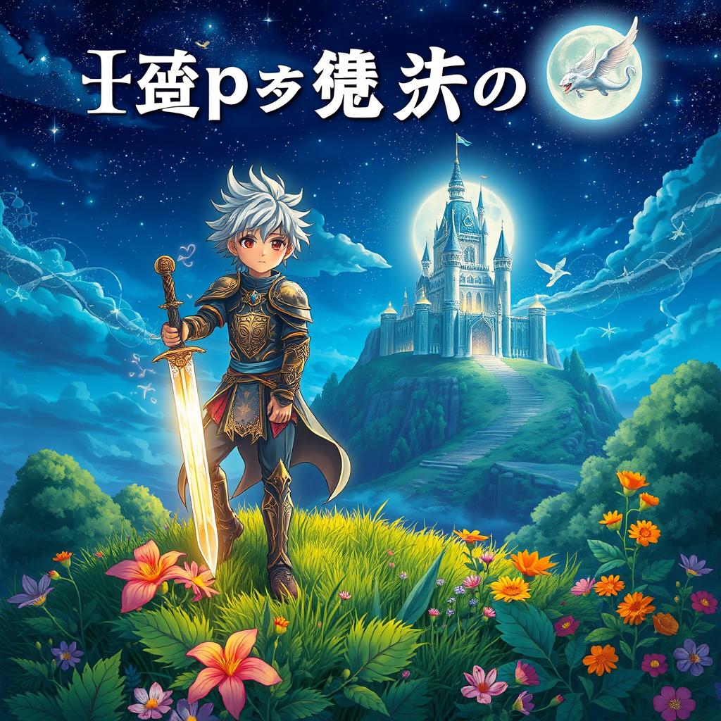 An enchanting anime book cover featuring a brave young hero holding a glowing sword, standing atop a hill under a starry night sky