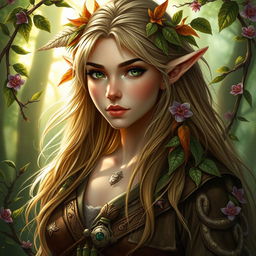 A detailed portrait of an elven woman who embodies the essence of a Dungeons & Dragons druid