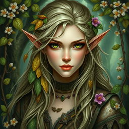 A detailed portrait of an elven woman who embodies the essence of a Dungeons & Dragons druid