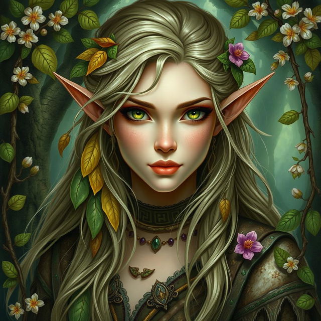 A detailed portrait of an elven woman who embodies the essence of a Dungeons & Dragons druid
