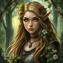 A detailed portrait of an elven woman who embodies the essence of a Dungeons & Dragons druid