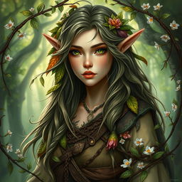 A detailed portrait of an elven woman who embodies the essence of a Dungeons & Dragons druid