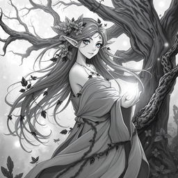 A stunning anime-style greyscale illustration of a female elf druid, featuring long flowing hair adorned with leaves and floral accents