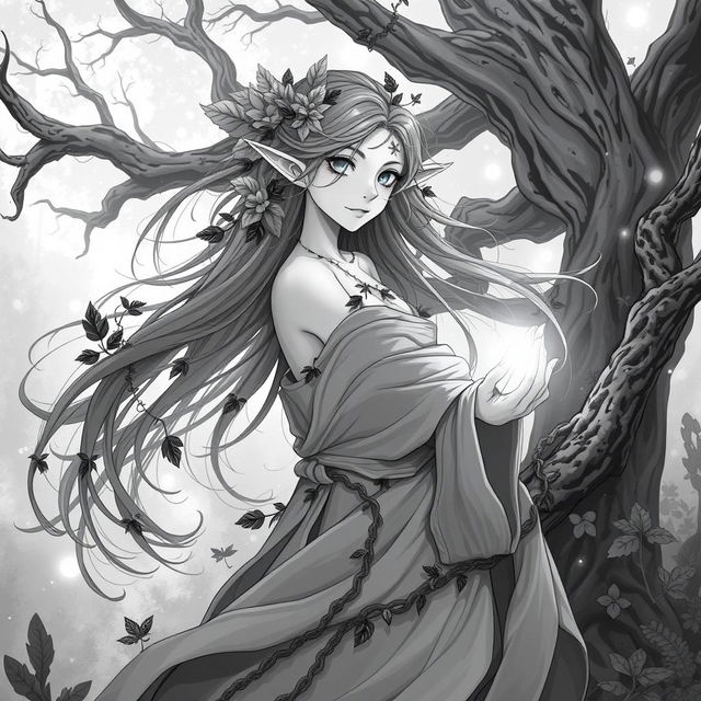 A stunning anime-style greyscale illustration of a female elf druid, featuring long flowing hair adorned with leaves and floral accents