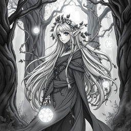 A stunning anime-style greyscale illustration of a female elf druid, featuring long flowing hair adorned with leaves and floral accents