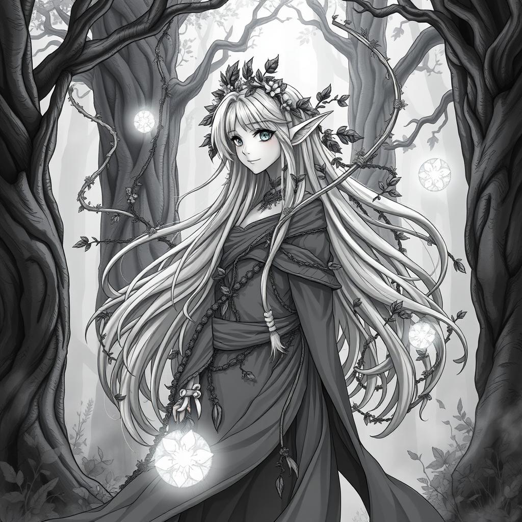 A stunning anime-style greyscale illustration of a female elf druid, featuring long flowing hair adorned with leaves and floral accents