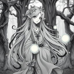 A stunning anime-style greyscale illustration of a female elf druid, featuring long flowing hair adorned with leaves and floral accents
