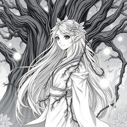 A stunning anime-style greyscale illustration of a female elf druid, featuring long flowing hair adorned with leaves and floral accents