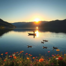 A serene landscape featuring a tranquil lake surrounded by lush green mountains under a clear blue sky