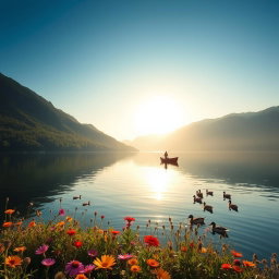 A serene landscape featuring a tranquil lake surrounded by lush green mountains under a clear blue sky
