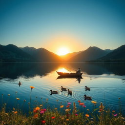 A serene landscape featuring a tranquil lake surrounded by lush green mountains under a clear blue sky