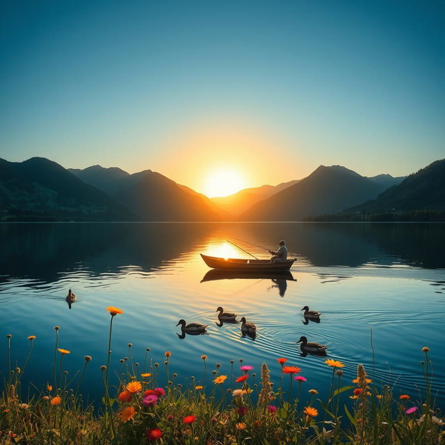 A serene landscape featuring a tranquil lake surrounded by lush green mountains under a clear blue sky