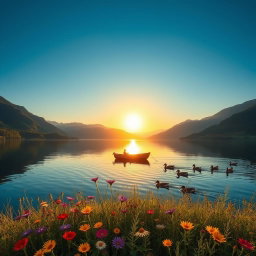 A serene landscape featuring a tranquil lake surrounded by lush green mountains under a clear blue sky