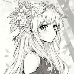 A stunning anime style greyscale illustration of a female elf druid, showcasing her from the shoulders up