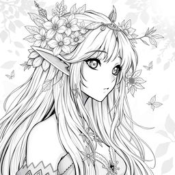 A stunning anime style greyscale illustration of a female elf druid, showcasing her from the shoulders up