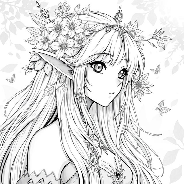 A stunning anime style greyscale illustration of a female elf druid, showcasing her from the shoulders up