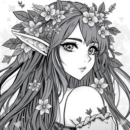 A stunning anime style greyscale illustration of a female elf druid, showcasing her from the shoulders up