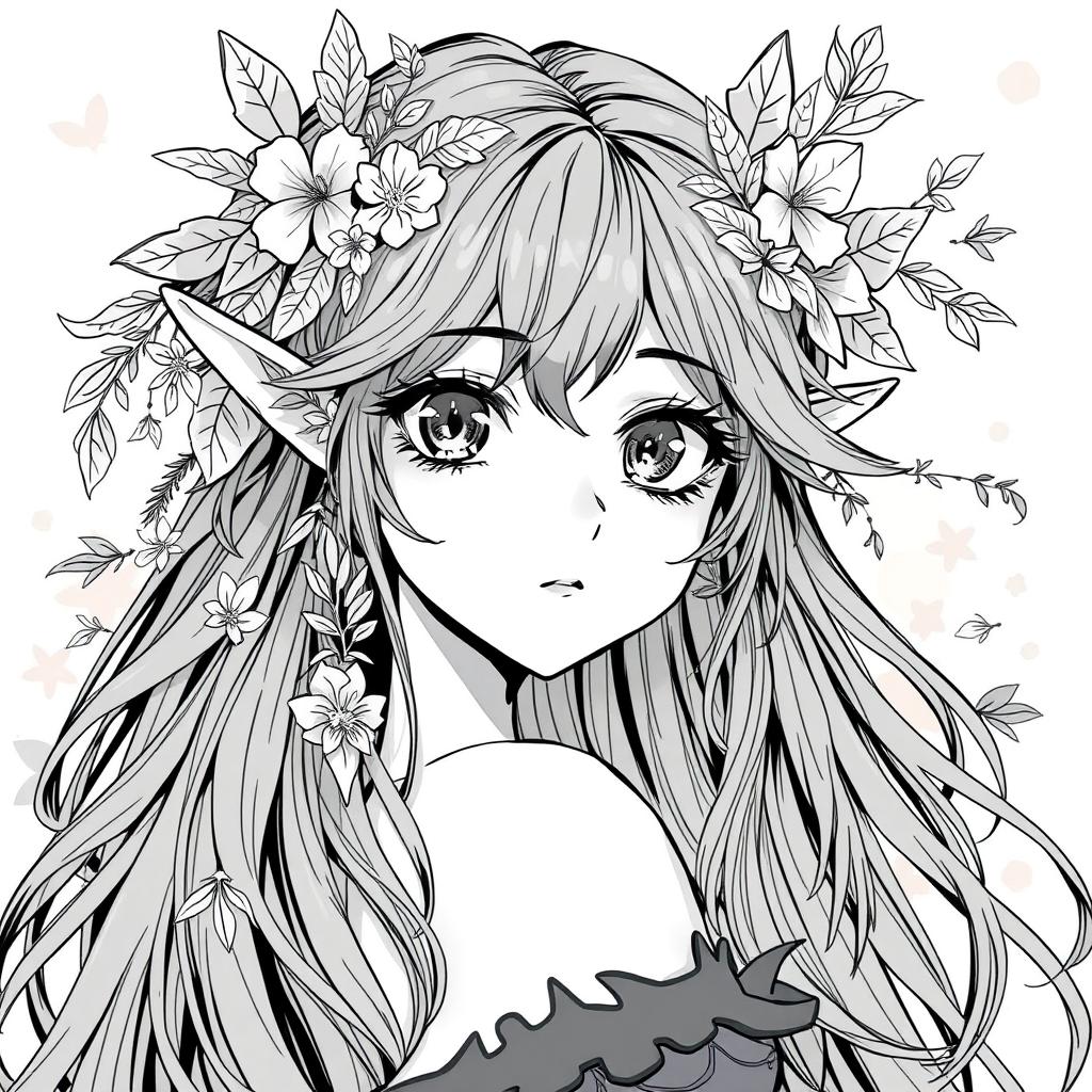 A stunning anime style greyscale illustration of a female elf druid, showcasing her from the shoulders up