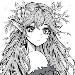 A stunning anime style greyscale illustration of a female elf druid, showcasing her from the shoulders up