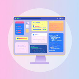 An illustration showcasing a beautifully designed web application interface built with the React framework, featuring a modern layout, vibrant color palette, and interactive components