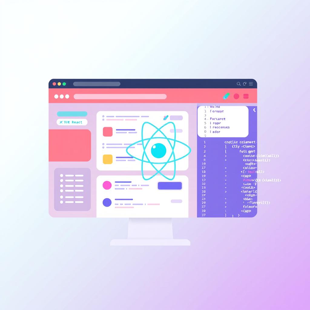 An illustration showcasing a beautifully designed web application interface built with the React framework, featuring a modern layout, vibrant color palette, and interactive components