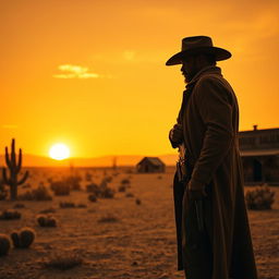 A scene from a Django-inspired Western film featuring a lone gunslinger standing in a dusty desert landscape