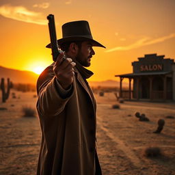 A scene from a Django-inspired Western film featuring a lone gunslinger standing in a dusty desert landscape